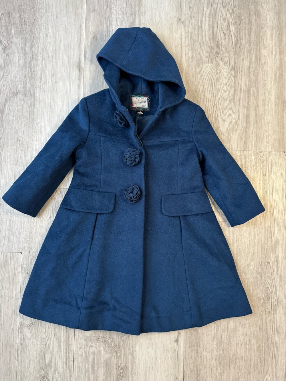 Rothschild Girls Navy Blue Rosette Wool blend Pea Coat with Hood Size 4